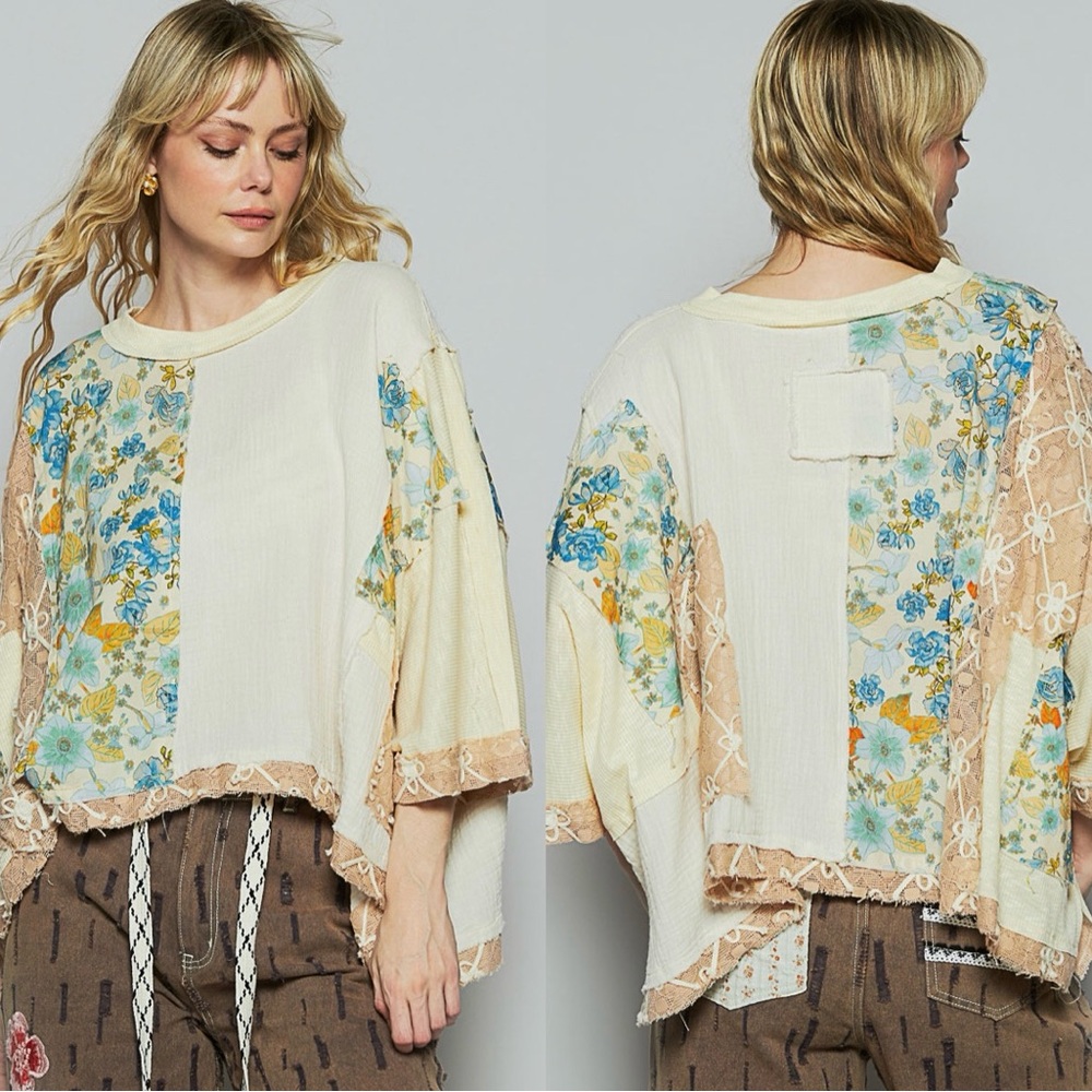 NEW POL Patchwork Cream Flutter Sleeve Blouse Oversized Relaxed Blouse